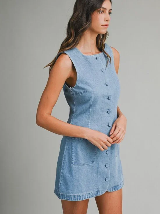 NWT Mable Button Down Sleeveless Mini Light Blue Denim Dress - Picture 4 of 5